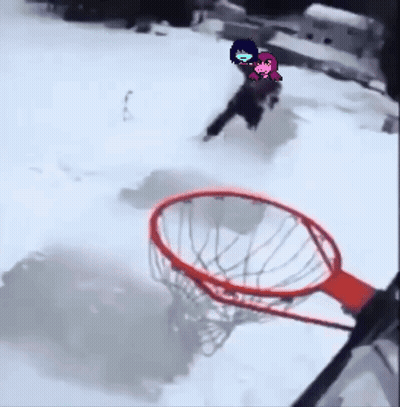 Person Playing Basketball In Snow With Cartoon Character On Head GIF