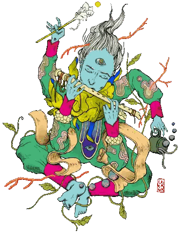 Person Playing Flute With Chinese Symbol Sticker