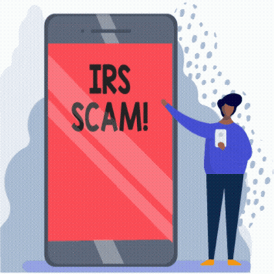 Person Pointing At Cell Phone Screen Saying IRS Scam GIF