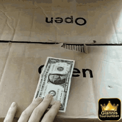 Person Putting Dollar In Box Saying Open GIF