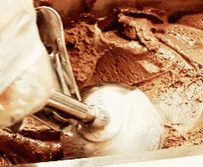 Person Scooping Chocolate Ice Cream Into Bowl