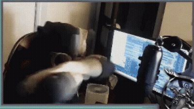 Person Sitting At Desk With Computer And Microphone GIF
