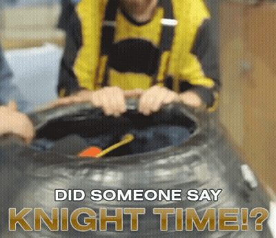 Person Sitting In Tire With Knight Time Text GIF