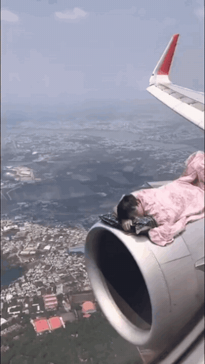 Person Sleeping On Airplane Wing GIF