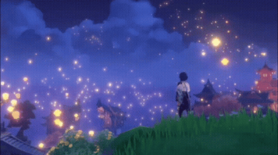 Person Standing In Grass With Lanterns In Sky GIF