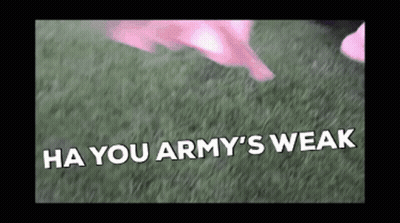 Person Standing On Grassy Field Saying Ha You Army's Weak GIF