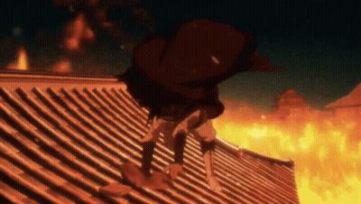 Person Standing On Roof With Flames Behind GIF