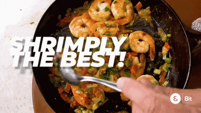 Person Stirring Shrimp In Skillet Saying Shrimply The Best GIF