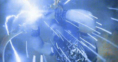 Person Struck By Lightning Bolt Holding Sword In Dark Room GIF