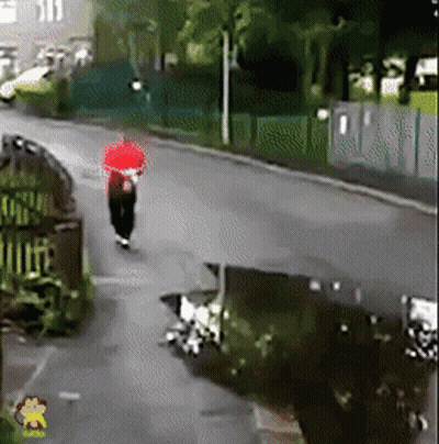 Person Walking Down Street With Red Umbrella GIF