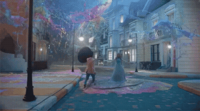 Person Walking On Street With Bubbles And Buildings GIF