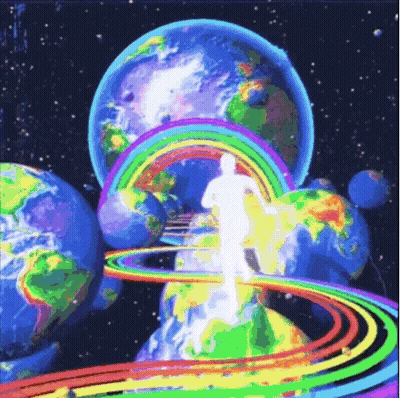 Person Walking Through Rainbow With Planets GIF