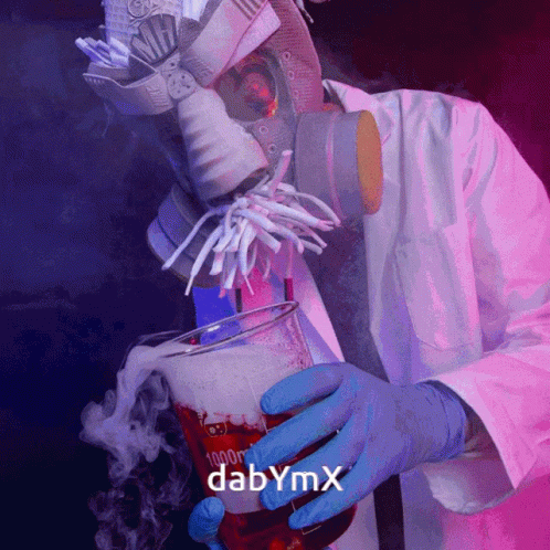Person Wearing Gas Mask And Gloves Holding Beaker That Says Dabymx GIF