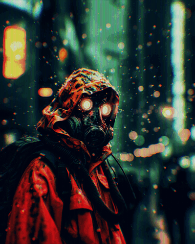 Person Wearing Gas Mask With Glowing Eyes GIF