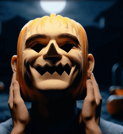 Person Wearing Pumpkin Mask With Smile GIF