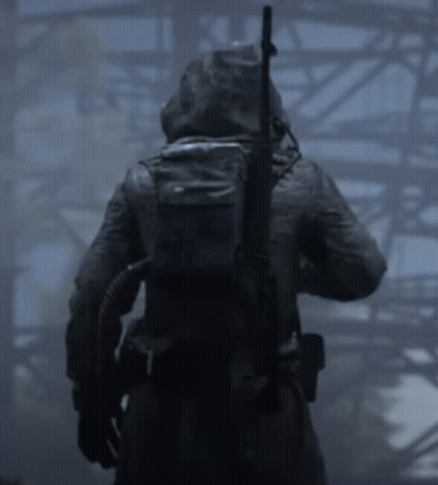 Person With Backpack And Rifle In Fog GIF
