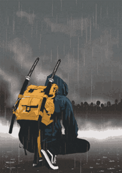 Person With Backpack And Two Swords GIF