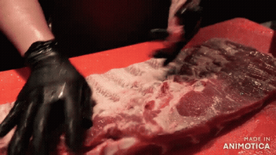 Person With Black Gloves Cutting Meat Red Board Made In Animatica GIF