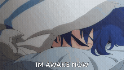Person With Blue Hair Laying In Bed Saying Im Awake Now GIF