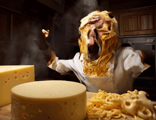 Person With Cheese On Face Next To Cheese Block GIF
