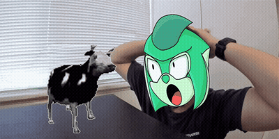 Person With Green Head And Cow Behind GIF