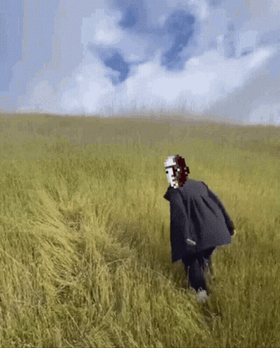 Person With Mask Walking Through Tall Grass GIF
