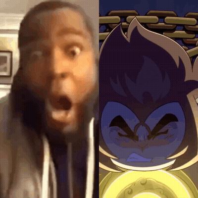 Person With Open Mouth Next To Cartoon Character GIF