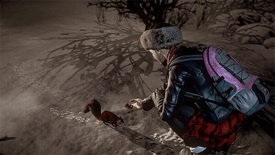 Person With Pink Backpack Feeds Squirrel In Snow GIF