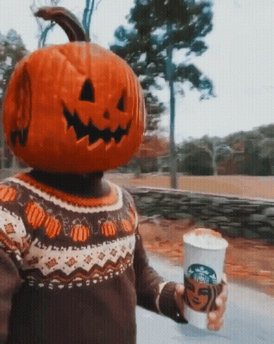 Person With Pumpkin On Head Holding Starbucks Coffee GIF