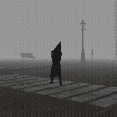 Person With Pyramid Head Crossing Street GIF