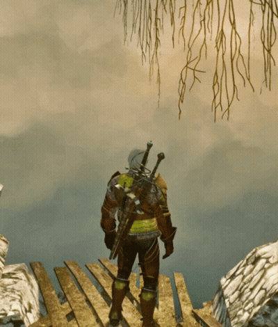 Person With Sword On Back Standing On Wooden Bridge GIF