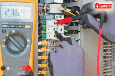 Person Working On Electrical Box With Gabe's Electrical Service Logo GIF