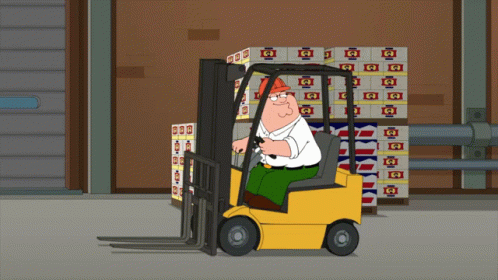Peter Griffin Driving Forklift Past Boxes With Letter Q GIF