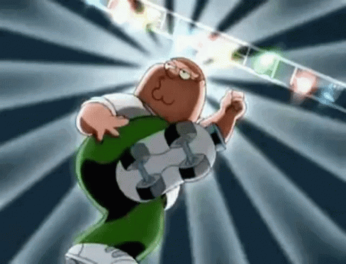 Peter Griffin From Family Guy Is Dancing On A Stage While Holding A Skateboard And Dumbbells . GIF