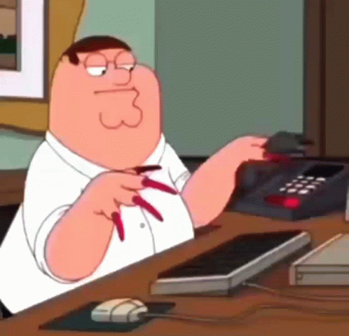 Peter Griffin From Family Guy Is Sitting At A Desk With Long Red Nails And A Mouse . GIF
