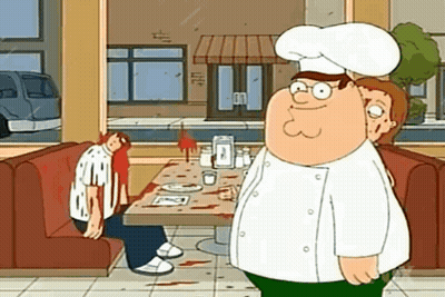 Peter Griffin From Family Guy Is Standing In A Diner Next To A Table With Blood On It . GIF