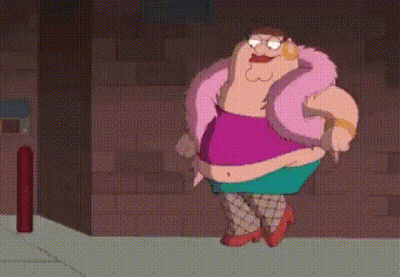 Peter Griffin From Family Guy Is Wearing A Pink Fur Coat And A Skirt . GIF