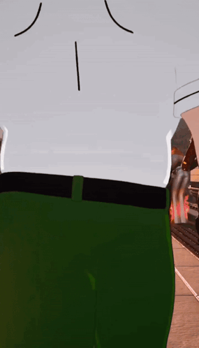 Peter Griffin From Family Guy Is Wearing A White Shirt And Green Pants With A Yellow Belt GIF