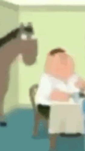 Peter Griffin Is Sitting At A Table With A Horse In The Background . GIF
