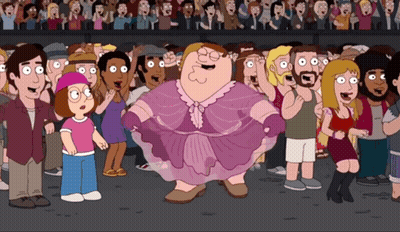Peter Griffin Is Standing In Front Of A Crowd Wearing A Purple Dress GIF