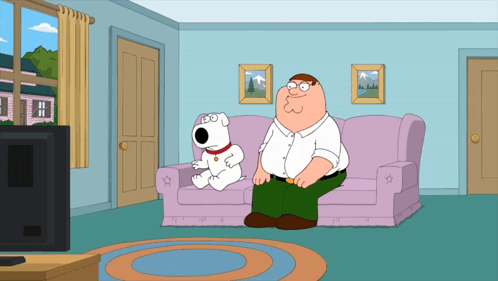 Peter Griffin Sitting On Couch Next To Small White Dog GIF