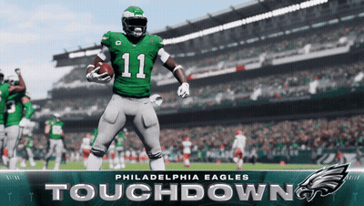 Philadelphia Eagles Touchdown Poster With Football Player In Green Uniform GIF