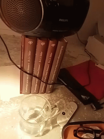Philips Speaker Next To Stack Of Books GIF