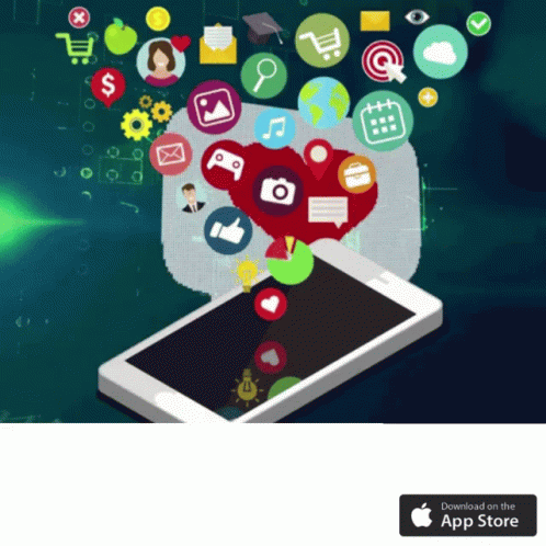 Phone With Icons Coming Out Saying Download On The App Store GIF
