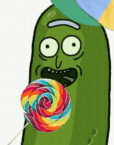 Pickle Rick Holding Rainbow Lollipop GIF