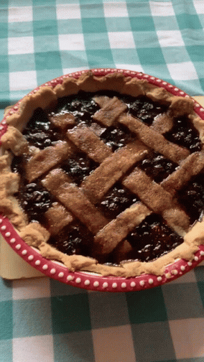 Pie With Lattice Crust On Checkered Tablecloth GIF