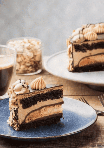 Piece Of Cake And Coffee On Blue Plate GIF