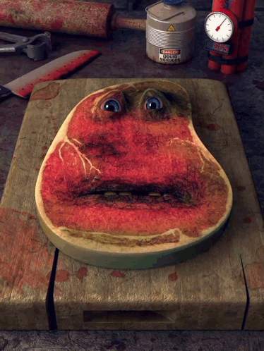 Piece Of Meat With Face On Wooden Cutting Board GIF