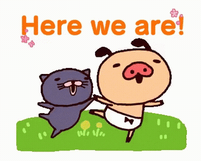 Pig And Cat Standing Together Saying Here We Are GIF