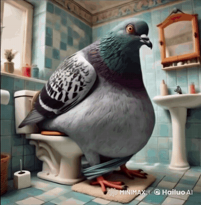 Pigeon Sitting On Toilet With Hailuo AI Watermark GIF